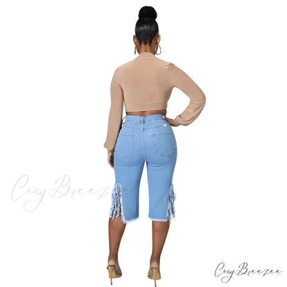 2024 Elastic Tassle Flare Knee Length Denim Pants Women Sexy Fashion High Waist Hole Ripped High Street Trousers Jean