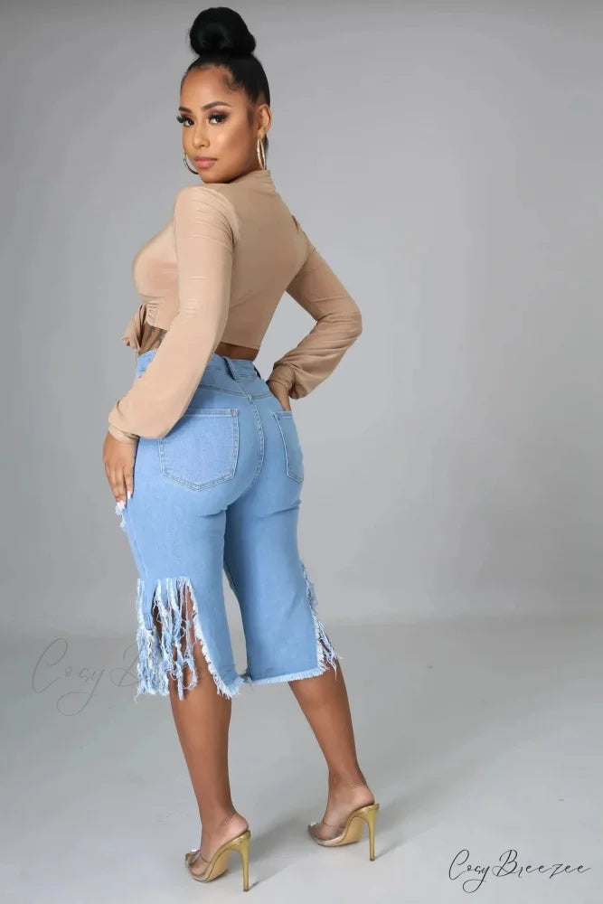 2024 Elastic Tassle Flare Knee Length Denim Pants Women Sexy Fashion High Waist Hole Ripped High Street Trousers Jean