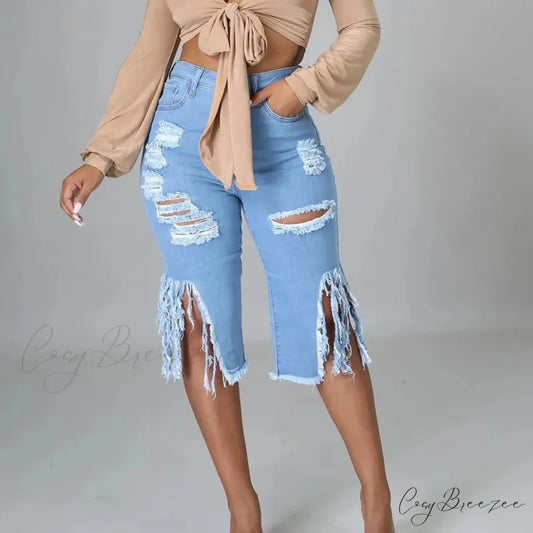 2024 Elastic Tassle Flare Knee Length Denim Pants Women Sexy Fashion High Waist Hole Ripped High Street Trousers Jean