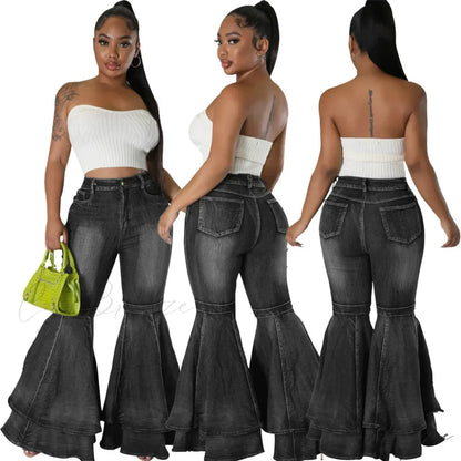 2024 Fashion High Waist Flare Casual Stretch Skinny Streetwear Denim Bellbottoms Jean Black / S
