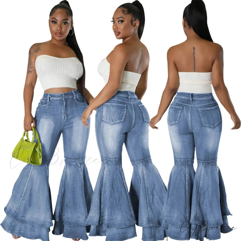 2024 Fashion High Waist Flare Casual Stretch Skinny Streetwear Denim Bellbottoms Jean Light blue / S