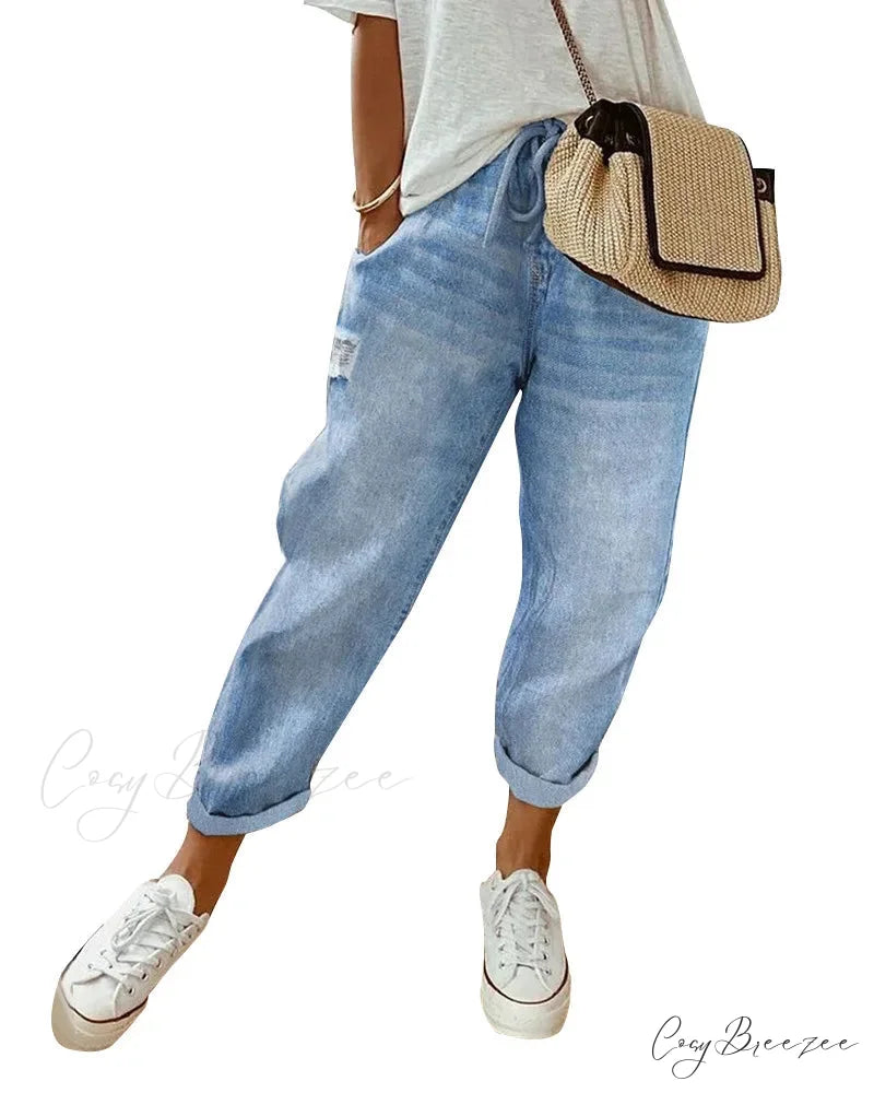 2024 Fashion Women Drawstring Loose Causal Pocket Daily Vintage Streetwear Long Jean