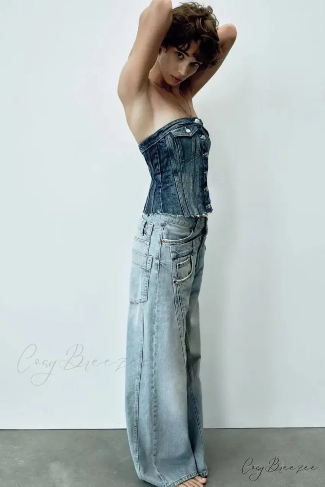 2024 Female Fashion Patchwork Denim Pant High Waist Vintage Women Casual Street Slim Wide Leg Long Jean