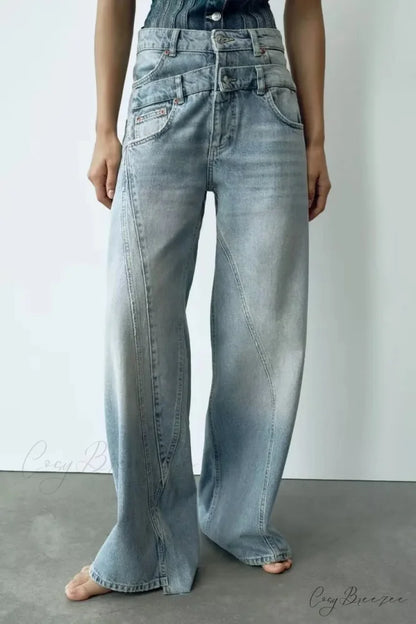 2024 Female Fashion Patchwork Denim Pant High Waist Vintage Women Casual Street Slim Wide Leg Long Jean