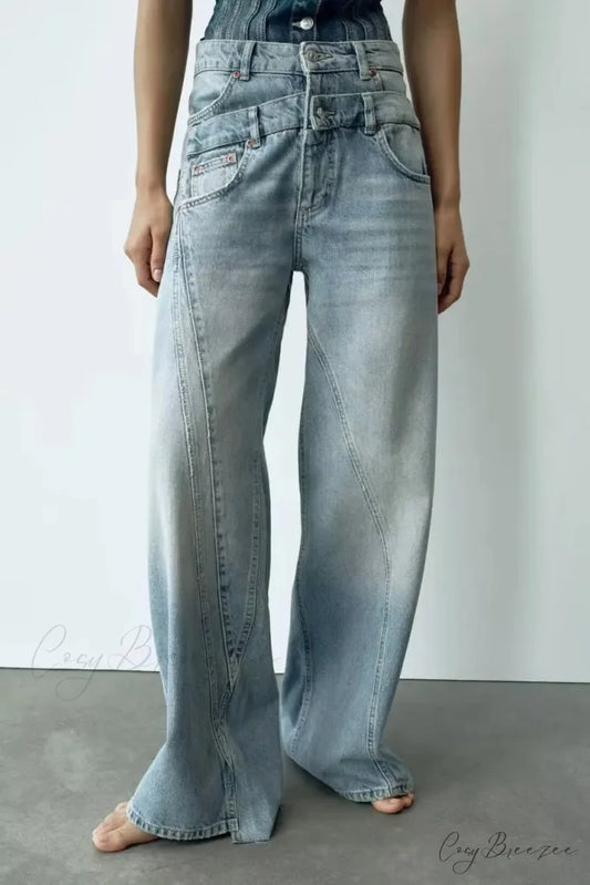 2024 Female Fashion Patchwork Denim Pant High Waist Vintage Women Casual Street Slim Wide Leg Long Jean