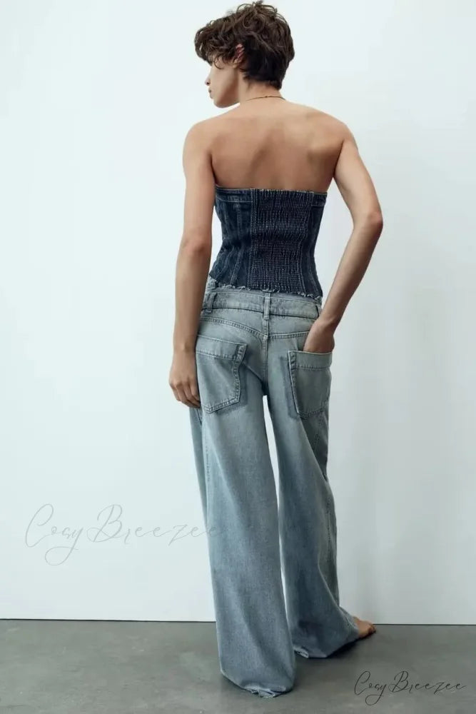 2024 Female Fashion Patchwork Denim Pant High Waist Vintage Women Casual Street Slim Wide Leg Long Jean