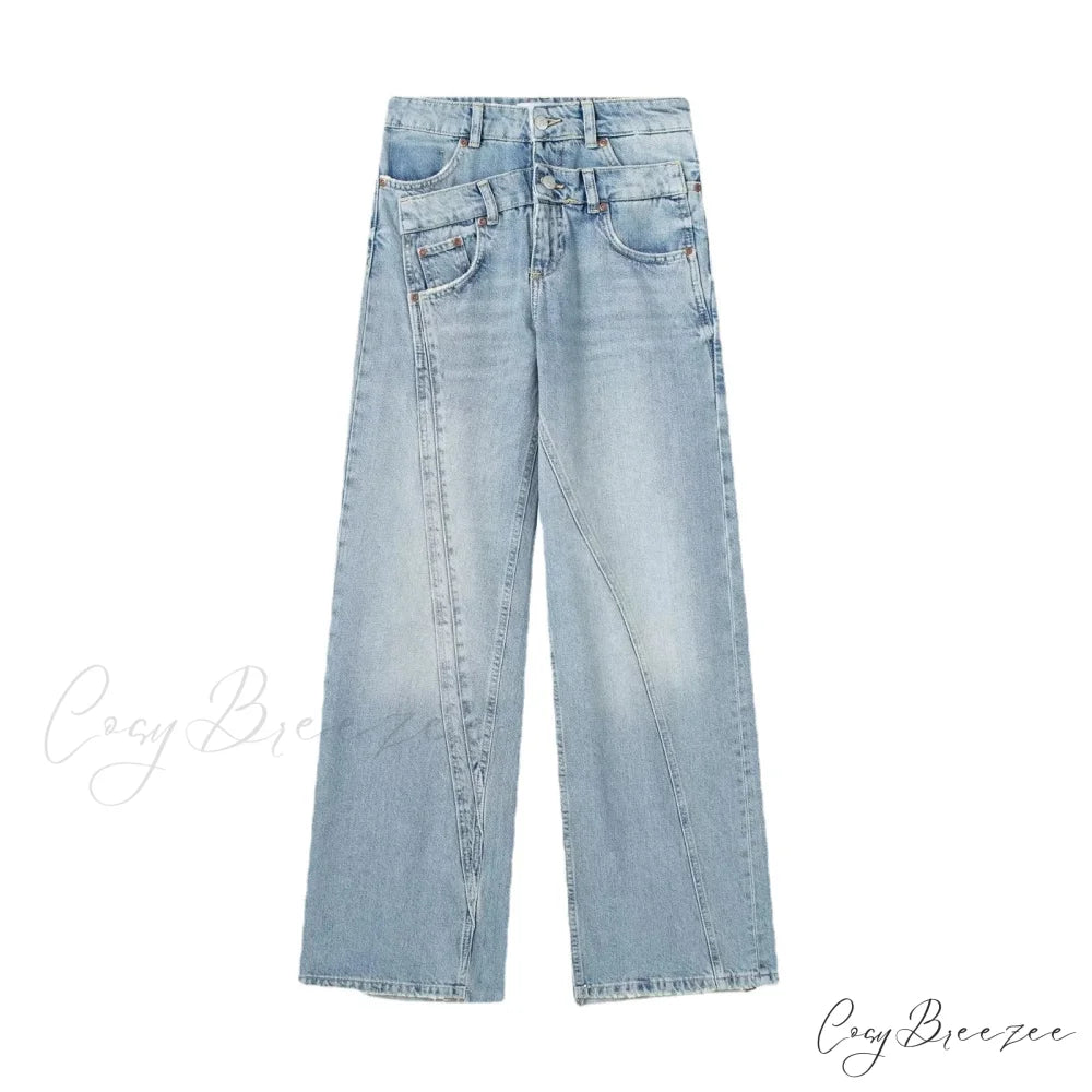 2024 Female Fashion Patchwork Denim Pant High Waist Vintage Women Casual Street Slim Wide Leg Long Jean Denim Blue / XS