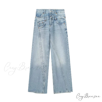 2024 Female Fashion Patchwork Denim Pant High Waist Vintage Women Casual Street Slim Wide Leg Long Jean Denim Blue / XS