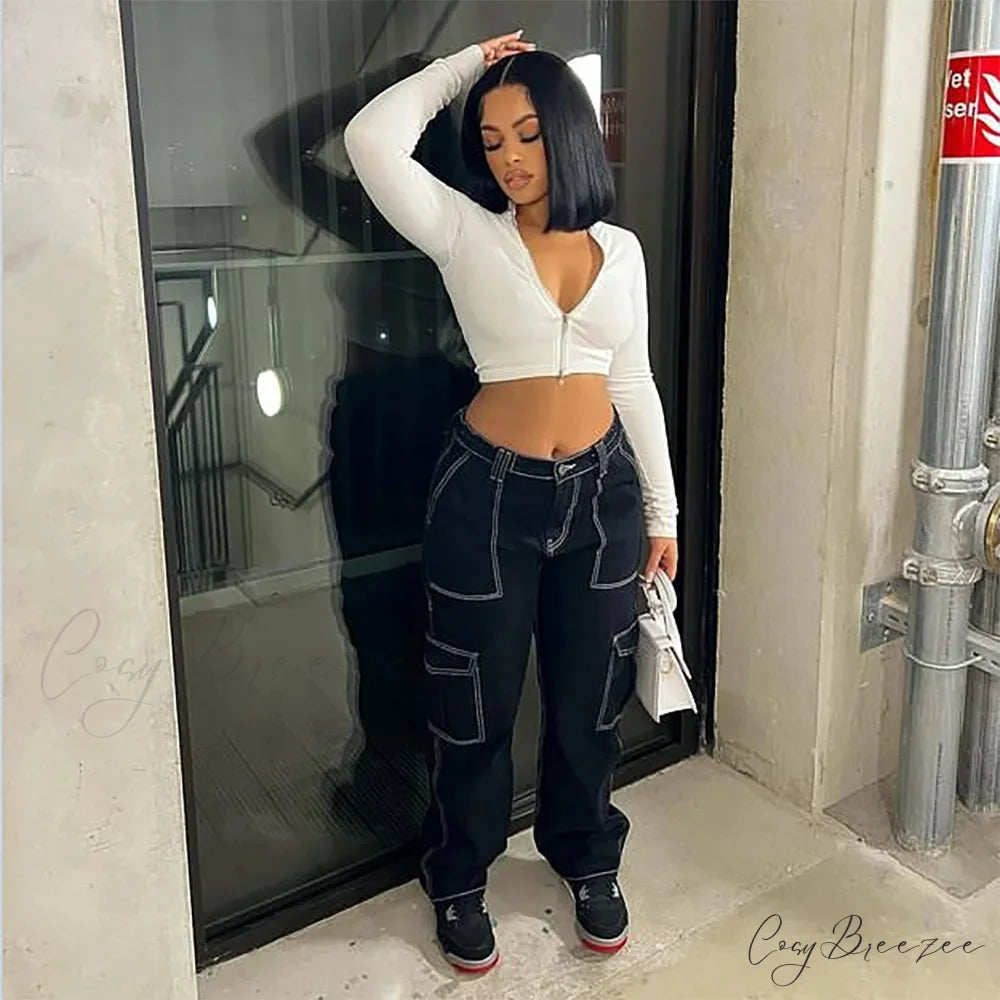 2024 High Waist Elastic Loose Black Comfortable For Casual Fashion Female Baggy Denim Jean Black / S