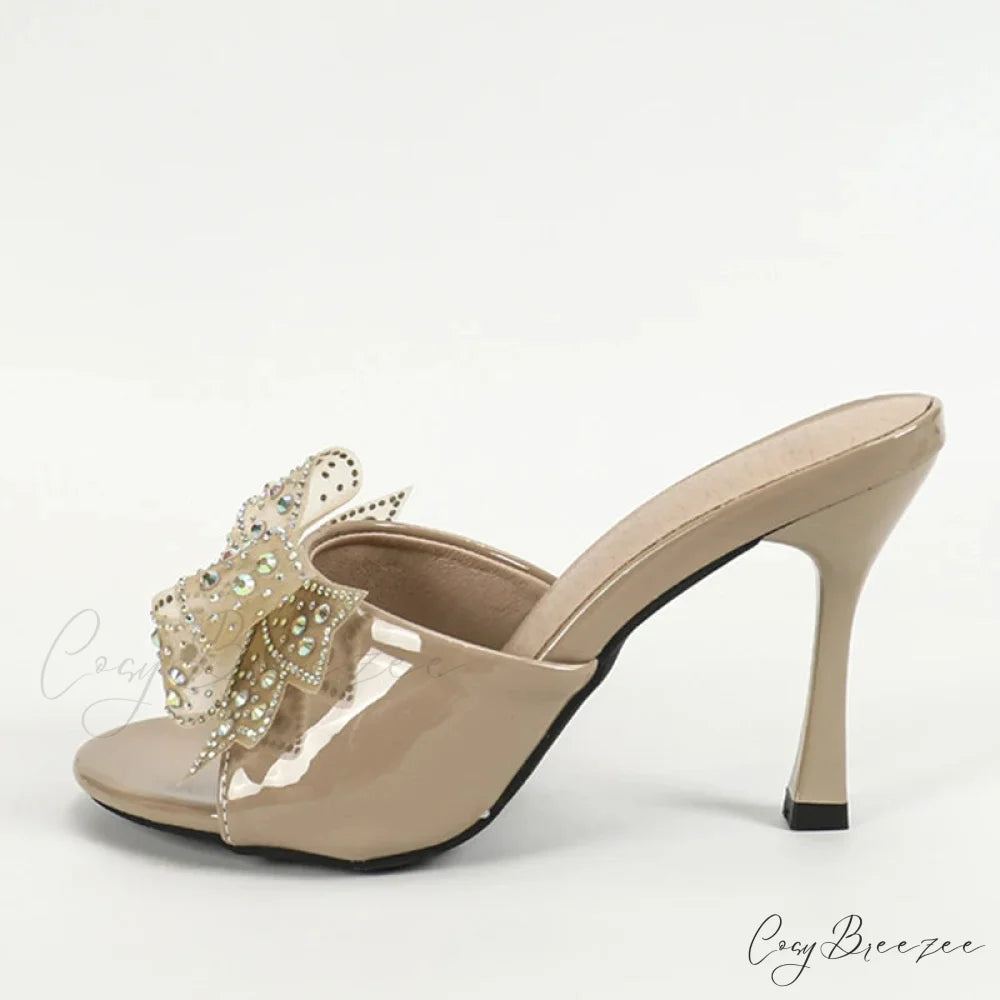 2024 New Arrivals Patent Leather Women Slippers Sandals Peep Toe Crystal Mesh Bowknot High Heels Summer Party Shoe