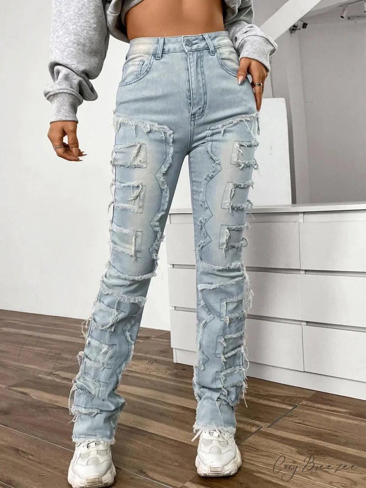 2024 New European and American Streetwise Stretch Patch for Women High Street Straight Fit Long Women’s Jean Baby Blue