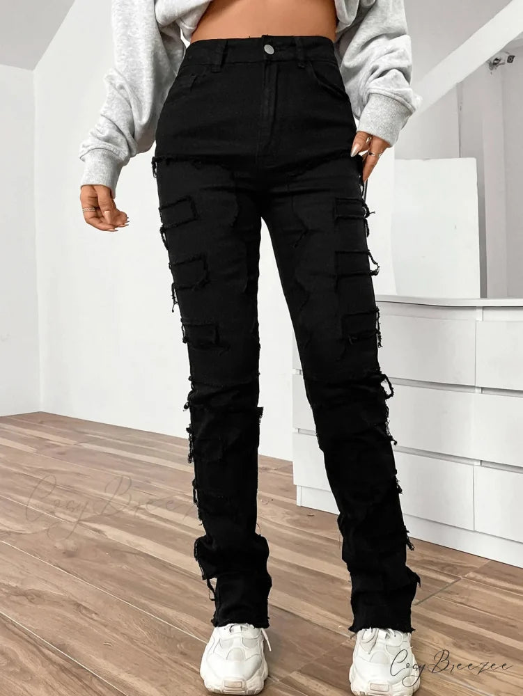 2024 New European and American Streetwise Stretch Patch for Women High Street Straight Fit Long Women’s Jean Black / S