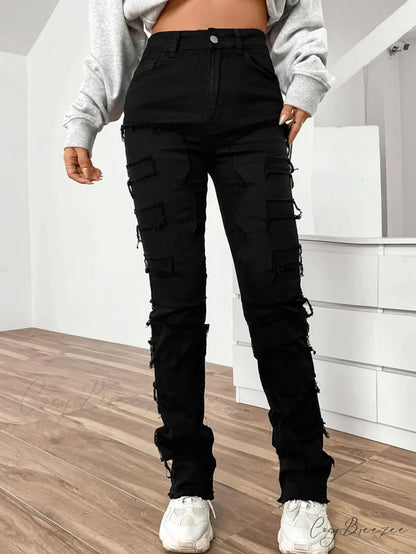 2024 New European and American Streetwise Stretch Patch for Women High Street Straight Fit Long Women’s Jean Black / S