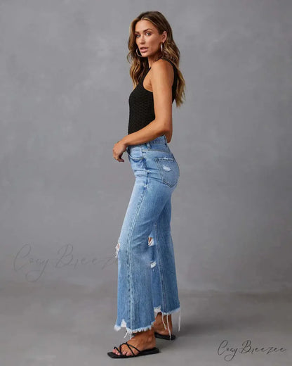 2024 New Fashion High Waist Straight Denim Vintage Tassel Women Baggy Spring Summer Blue Jean