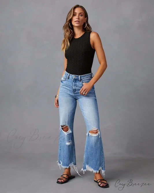 2024 New Fashion High Waist Straight Denim Vintage Tassel Women Baggy Spring Summer Blue Jean
