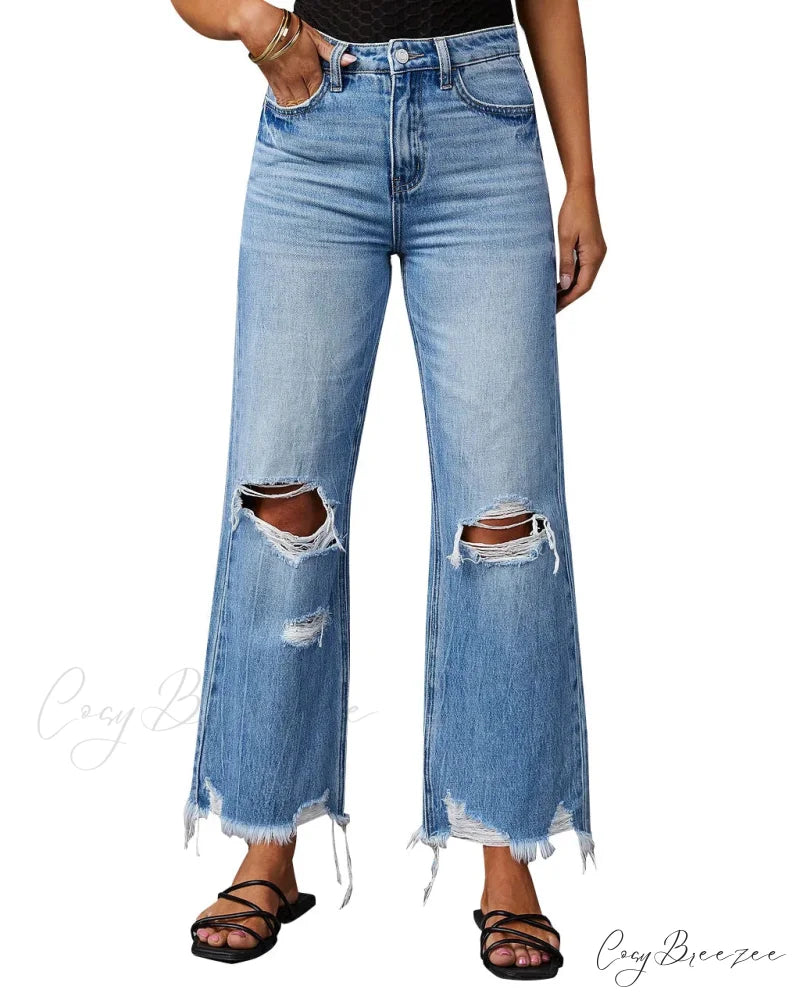 2024 New Fashion High Waist Straight Denim Vintage Tassel Women Baggy Spring Summer Blue Jean Blue / S