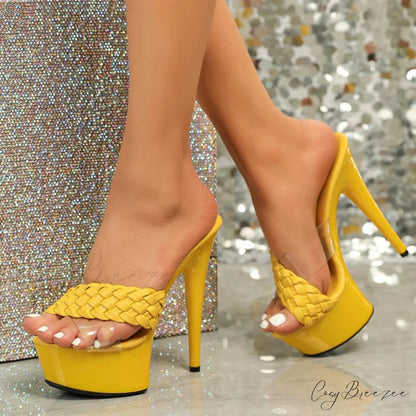 2024 New Fashion Open Toe Super High Platform Slippers Stiletto Heels Sandals Women Party Shoes Yellow / 34