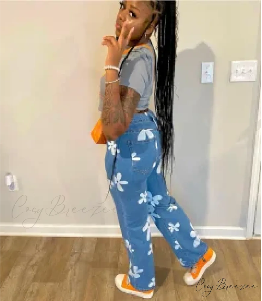 2024 New Floral Print Women Streetwear Y2k Straight Leg Baggy DenimVintage Blue 90s Jean