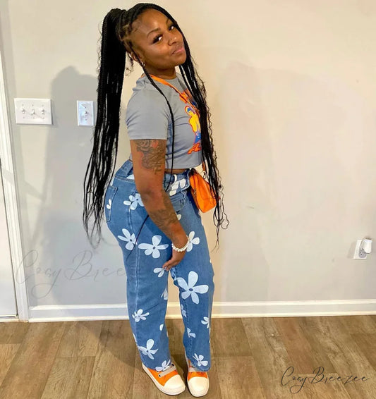2024 New Floral Print Women Streetwear Y2k Straight Leg Baggy DenimVintage Blue 90s Jean