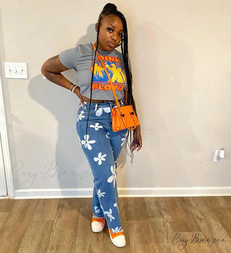 2024 New Floral Print Women Streetwear Y2k Straight Leg Baggy DenimVintage Blue 90s Jean Blue / S
