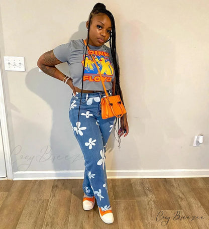 2024 New Floral Print Women Streetwear Y2k Straight Leg Baggy DenimVintage Blue 90s Jean Blue / S