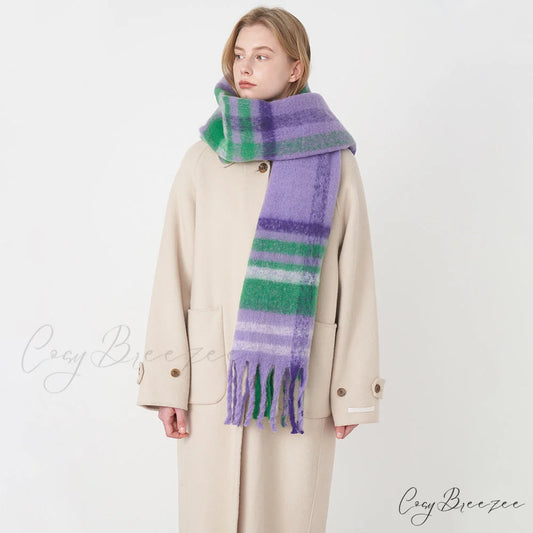 2024 New French Classic Vintage Cozy Warm Faux Cashmere Plaid Scarf PURPLE