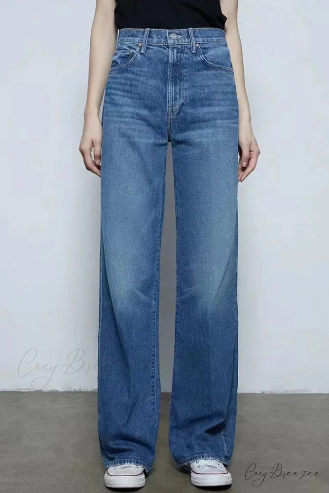 2024 New High-waisted Wide-leg Straight Women Solid-color Embroidered Letter Denim Long Jean