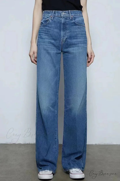 2024 New High-waisted Wide-leg Straight Women Solid-color Embroidered Letter Denim Long Jean