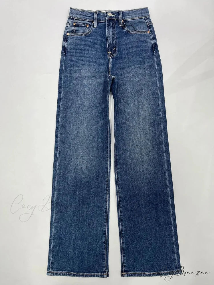 2024 New High-waisted Wide-leg Straight Women Solid-color Embroidered Letter Denim Long Jean Royal Blue / 25