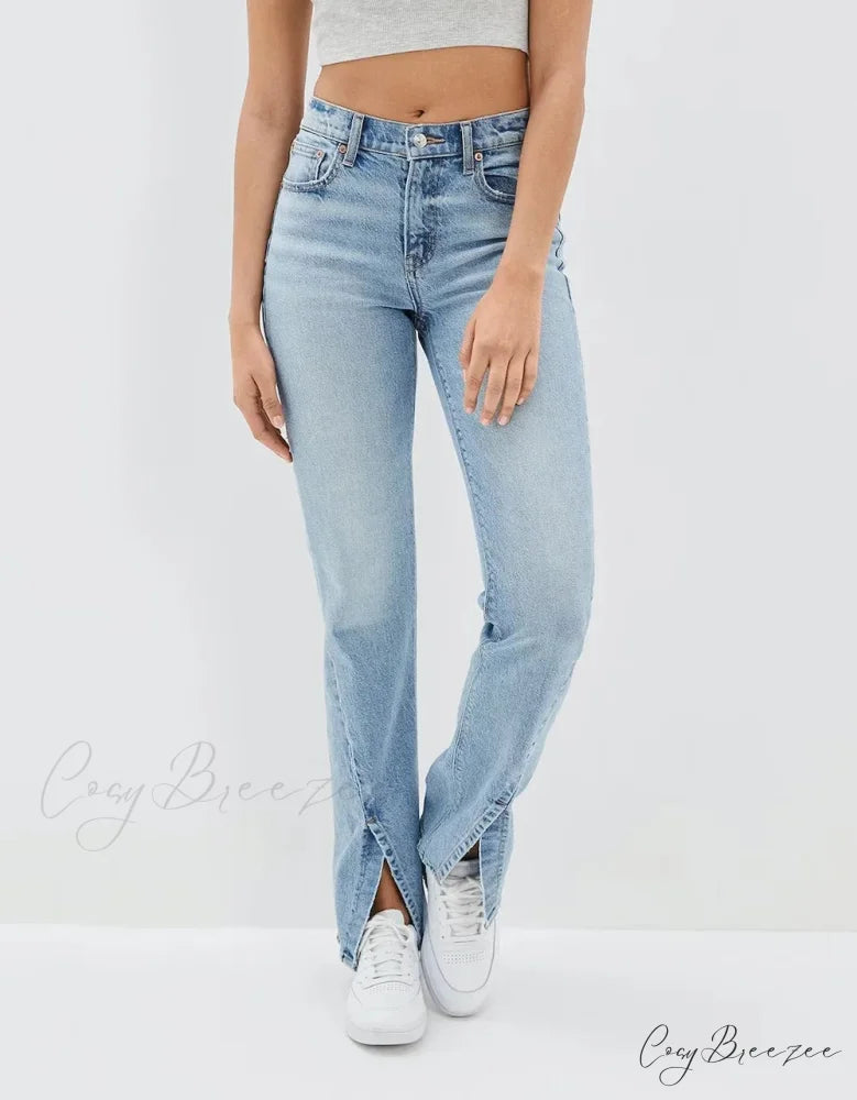 2024 New Slit Slim Flare Women’s High Waist Fashion Flared Pants Streetwear Jean Blue / S