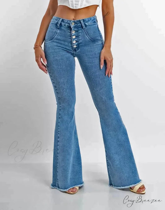 2024 Skinny Flare for Women High Waist Button Lady Sexy Push Up Denim Bell Bottom Jean Blue / S