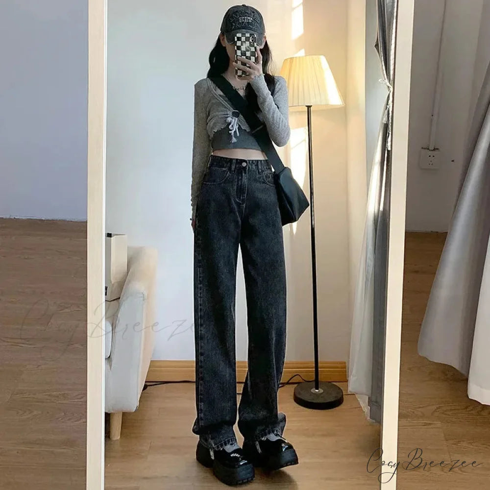2024 Spring Autumn New Vintage Waist Pants For Women Korean Fashion Streetwear Straight Casual Baggy Woman Jeans Black