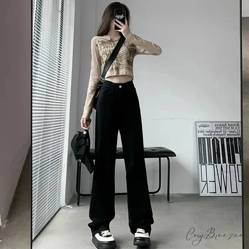 2024 Spring Autumn New Vintage Waist Pants For Women Korean Fashion Streetwear Straight Casual Baggy Woman Jeans Black