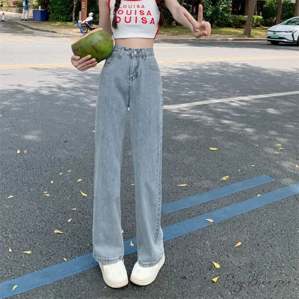 2024 Spring Autumn New Vintage Waist Pants For Women Korean Fashion Streetwear Straight Casual Baggy Woman Jeans Light
