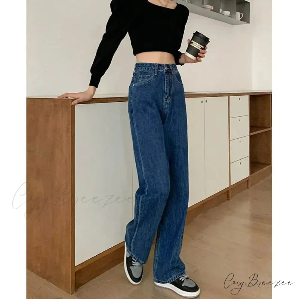 2024 Spring Autumn New Vintage Waist Pants For Women Korean Fashion Streetwear Straight Casual Baggy Woman Jeans Navy