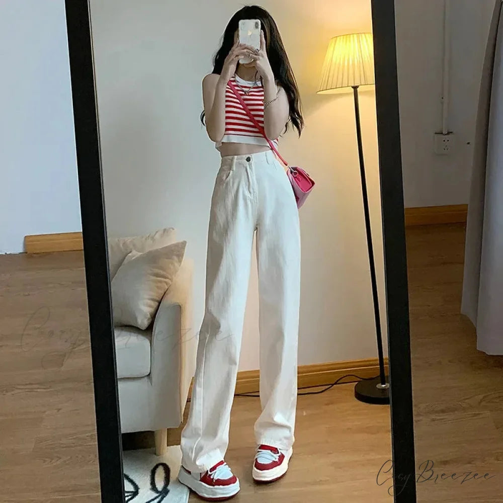 2024 Spring Autumn New Vintage Waist Pants For Women Korean Fashion Streetwear Straight Casual Baggy Woman Jeans WHITE