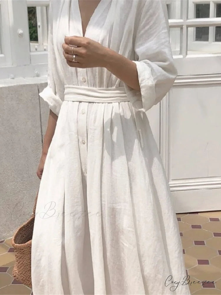 2024 Spring Linen Trendy Female Fashion Korean Sleeved Autumn Solid Blouse Gown Loose Folded Long Fitting Clothing