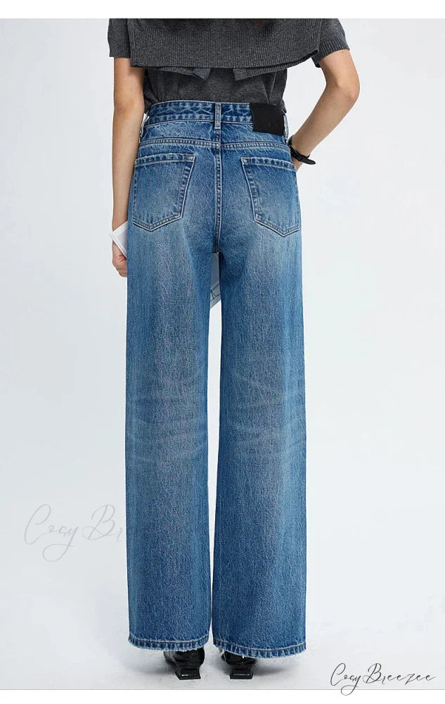 2024 Spring New High-waisted Loose Slimming Wide-leg Denim Versatile Floor-length Jean Blue / 25