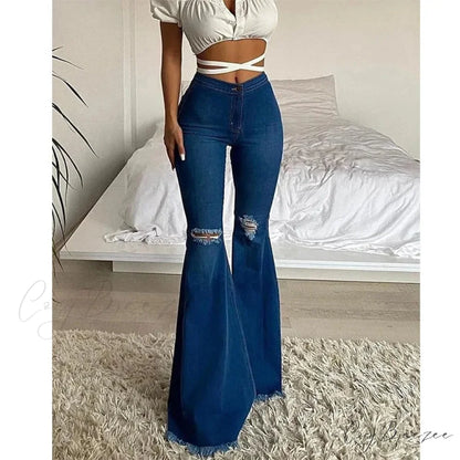 2024 Spring Summer Flare for Woman Ripped Raw Edge Flared Women’s Butt-lifting High Waisted Denim Jean Blue / S
