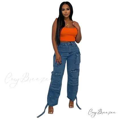 2024 Straight Denim Streetwear Fashion Pocket Front Lace Hem Cargo Wide Leg Jean