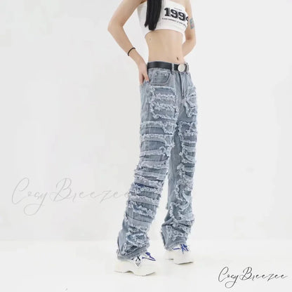 2024 Streetwear Stacked Clothing Y2K Baggy Ripped Hip Hop Straight Vintage Denim Jean