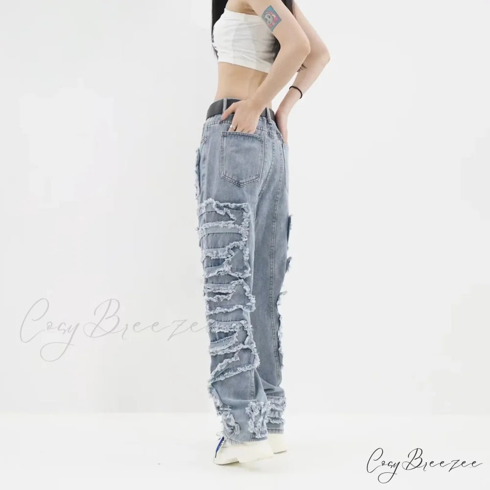 2024 Streetwear Stacked Clothing Y2K Baggy Ripped Hip Hop Straight Vintage Denim Jean