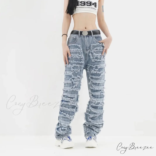 2024 Streetwear Stacked Clothing Y2K Baggy Ripped Hip Hop Straight Vintage Denim Jean Blue / S