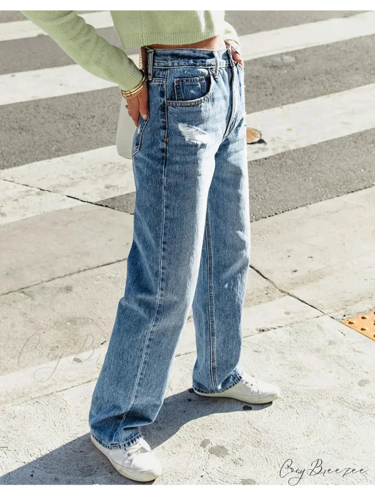 2024 Stretch Women’s Casual Ripped Wide Leg For Women Vintage High Waist Easymatch Straight Jean