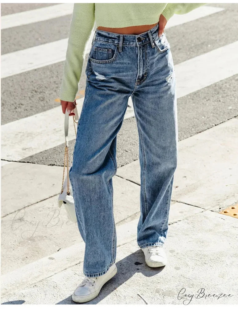 2024 Stretch Women’s Casual Ripped Wide Leg For Women Vintage High Waist Easymatch Straight Jean