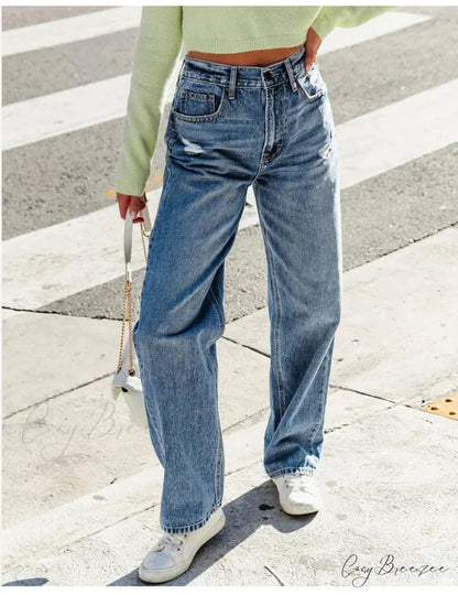2024 Stretch Women’s Casual Ripped Wide Leg For Women Vintage High Waist Easymatch Straight Jean