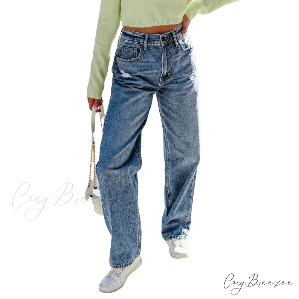 2024 Stretch Women’s Casual Ripped Wide Leg For Women Vintage High Waist Easymatch Straight Jean Blue / S