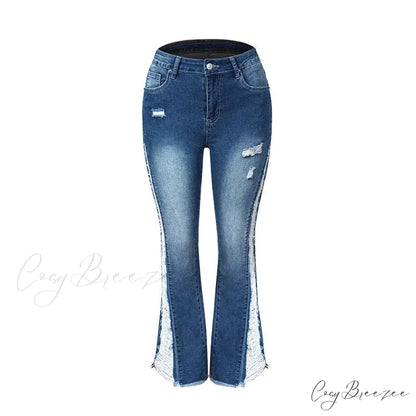 2024 Stretch Women’s Fashion Leg Side Hole Flare High Waist Sexy Fringe Ripped Hollow Denim Streetwear Trouser Jean