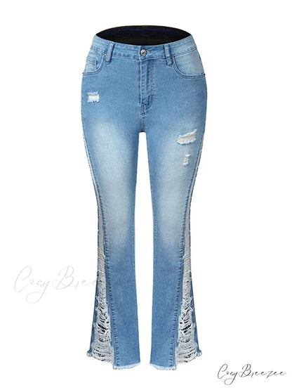 2024 Stretch Women’s Fashion Leg Side Hole Flare High Waist Sexy Fringe Ripped Hollow Denim Streetwear Trouser Jean