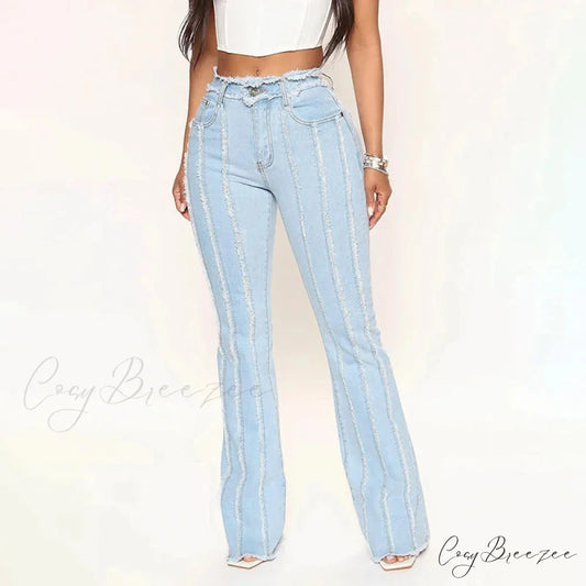 2024 Stretch Women’s Vintage Fashion High Waist Flare Women Slim Spliced Bell Bottom Streetwear Wash Denim Jean